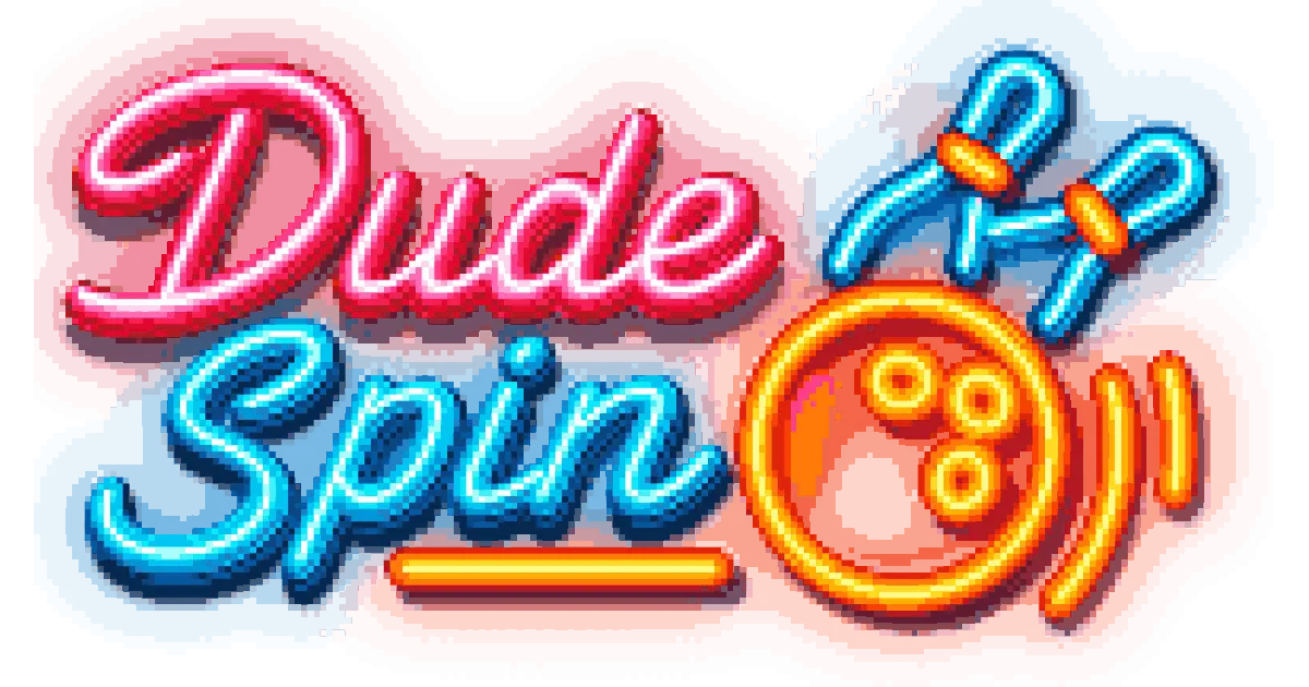 Buntes Dude Spin Logo mit Bowlingkugel und Kegeln im Neonstil