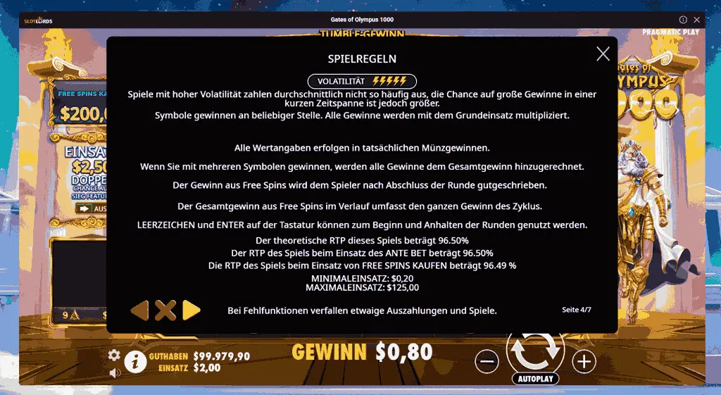 Screenshot der Spielregeln von Gates of Olympus 1000 mit Volatilitätsangabe und RTP-Informationen im Spielmenü