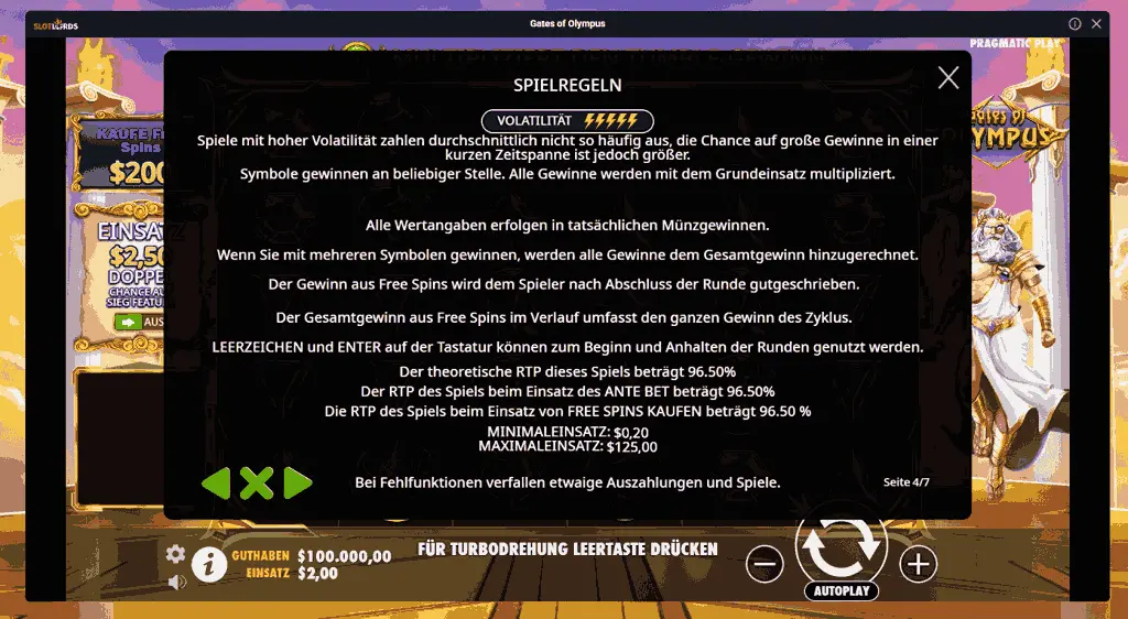 Screenshot der Spielregeln von Gates of Olympus mit Volatilitätsanzeige, RTP-Informationen und Zeus auf der rechten Seite