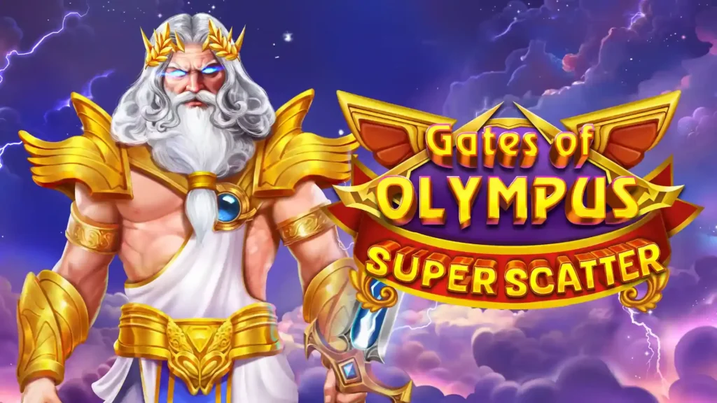 Gates of Olympus Super Scatter mit Zeus vor einem himmlischen Hintergrund mit Blitzen und Wolken