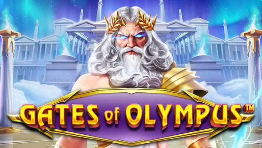 Gates of Olympus Casino-Spiel mit Zeus vor einem antiken Tempel im Hintergrund